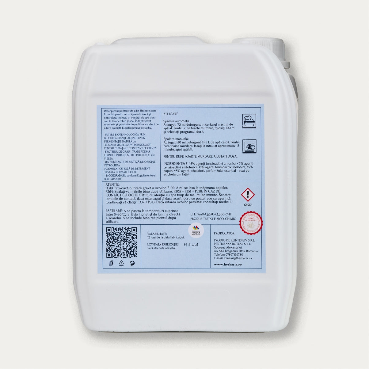 Detergent bio pentru rufe albe cu ulei esențial de Mentă, 5 L, produs românesc