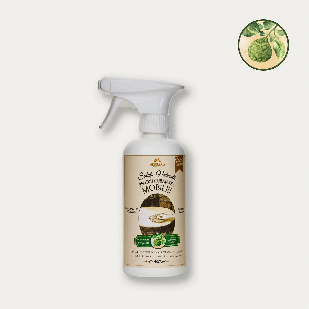 Soluție naturală pentru curățarea mobilei cu ulei esențial de Bergamotă, 500ml Herbaris