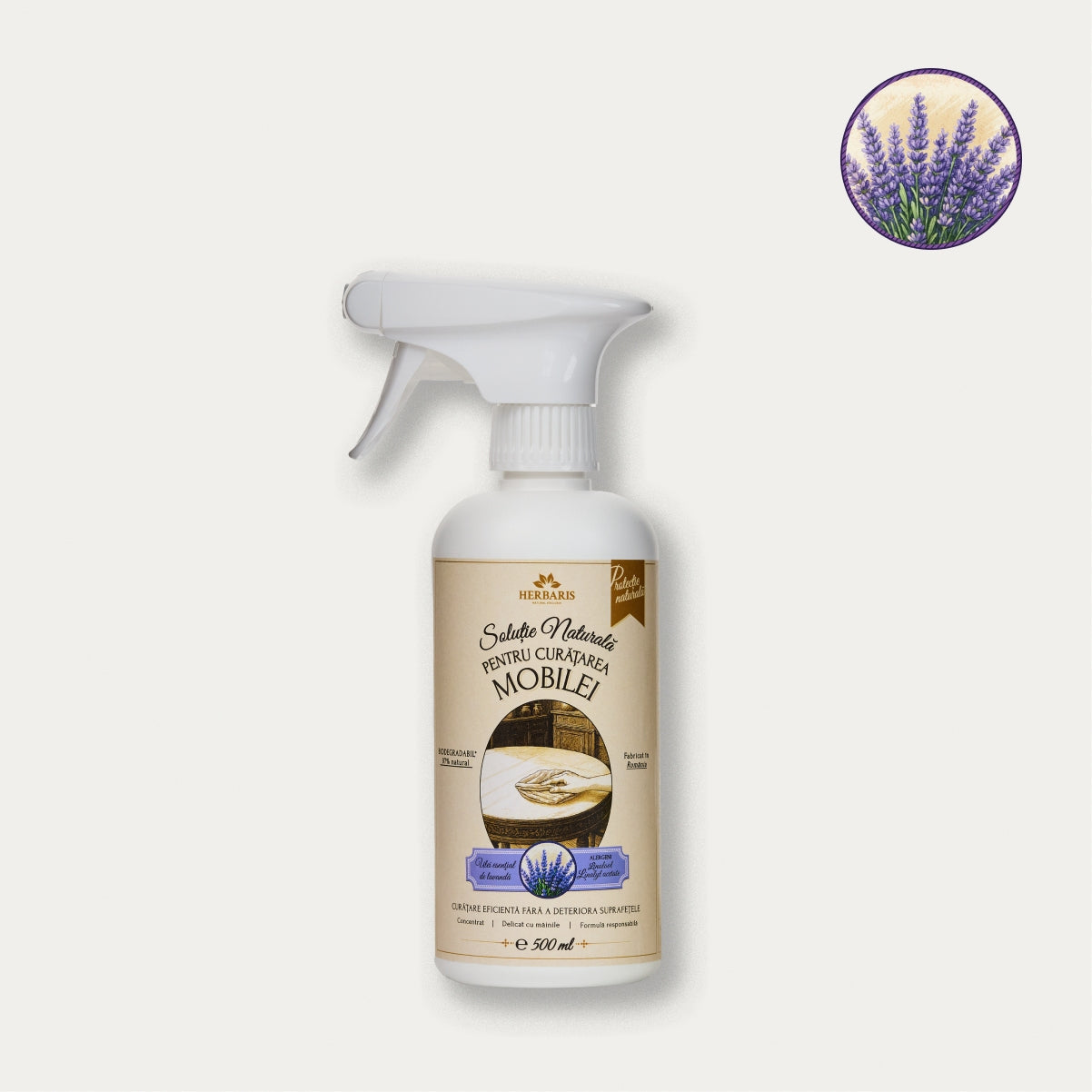 Soluție naturală pentru curățarea mobilei cu ulei esențial de Lavandă, 500ml Herbaris